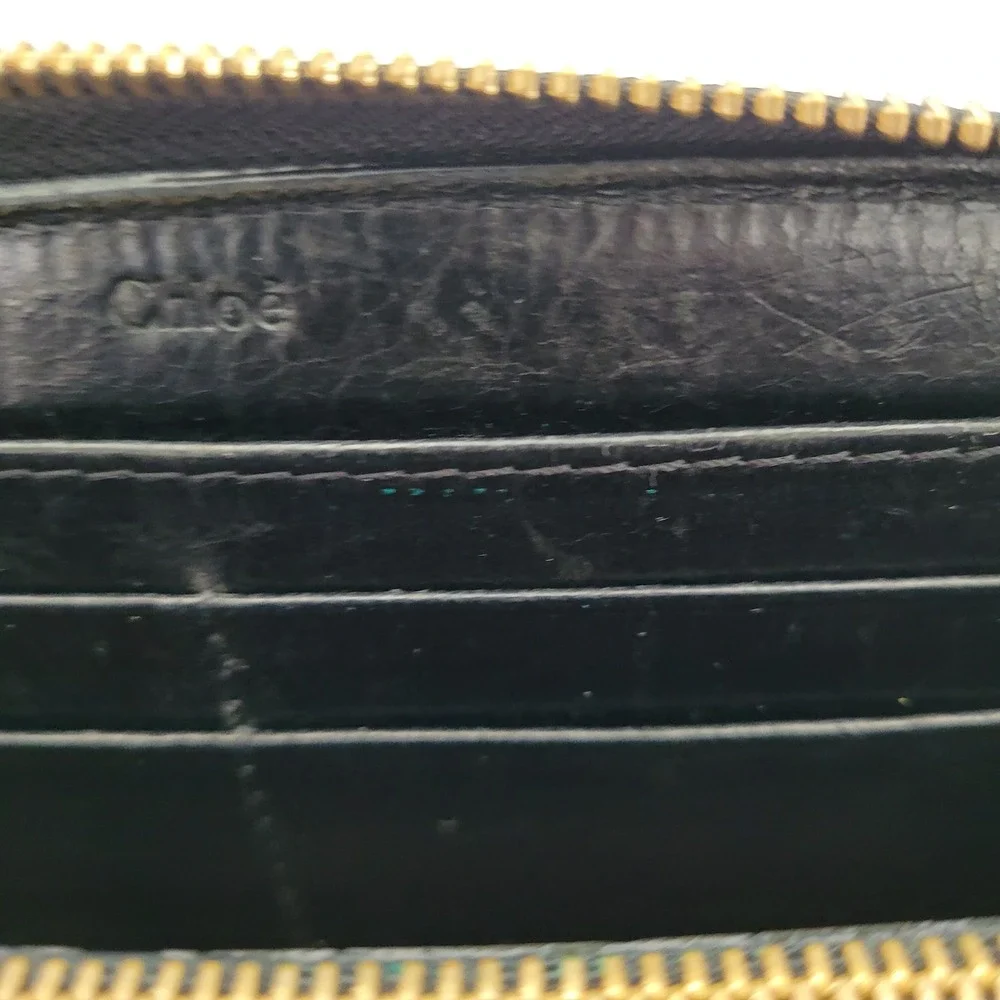 Chloe Black Leather Zip Around Long Wallet Gold Hardware Logo Plaque Large Quali
